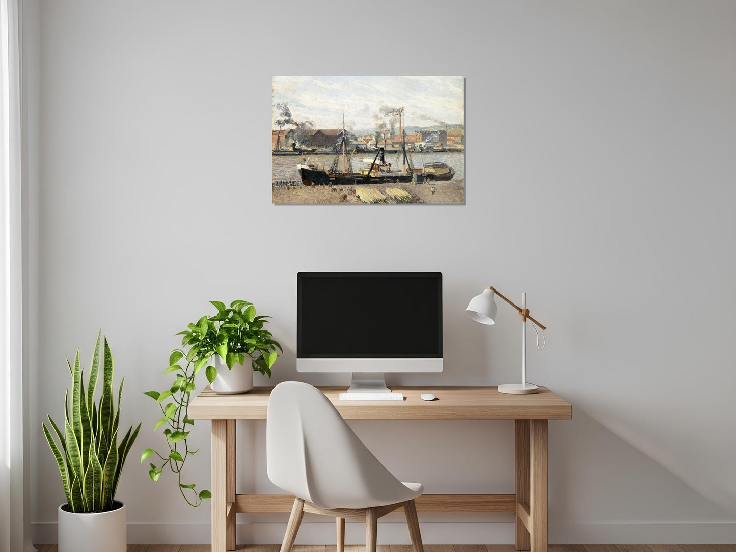 Puerto de Rouen, descargando madera - Camille Pissarro