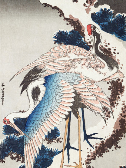 Grullas en una rama de pino cubierta de nieve - Katsushika Hokusai