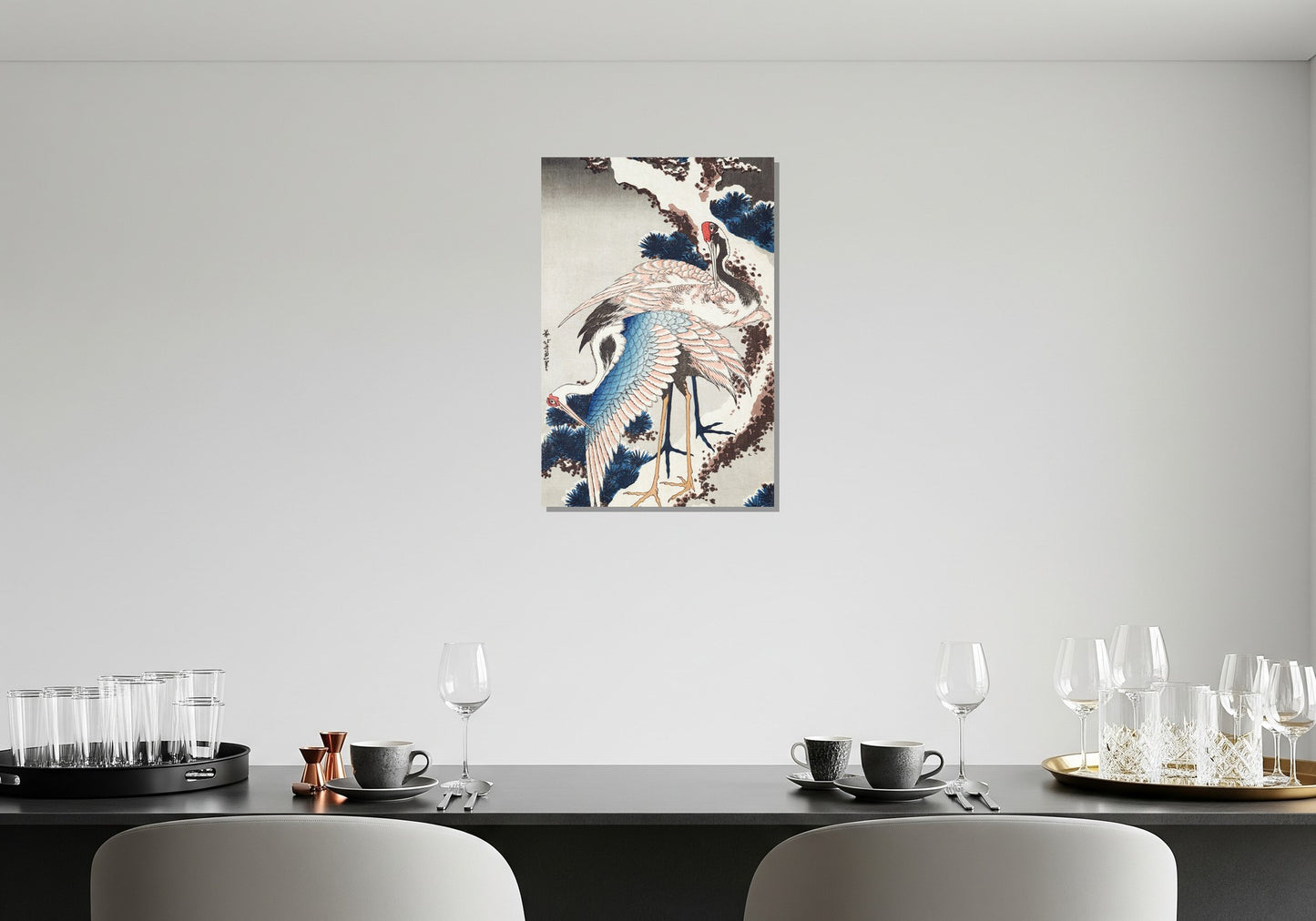 Grullas en una rama de pino cubierta de nieve - Katsushika Hokusai