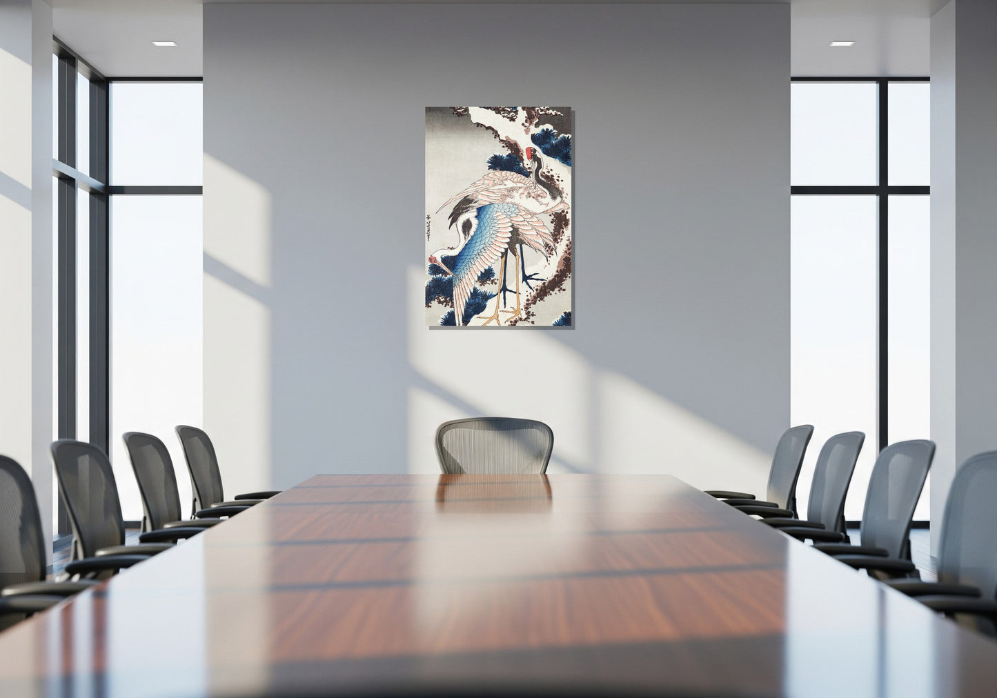 Grullas en una rama de pino cubierta de nieve - Katsushika Hokusai