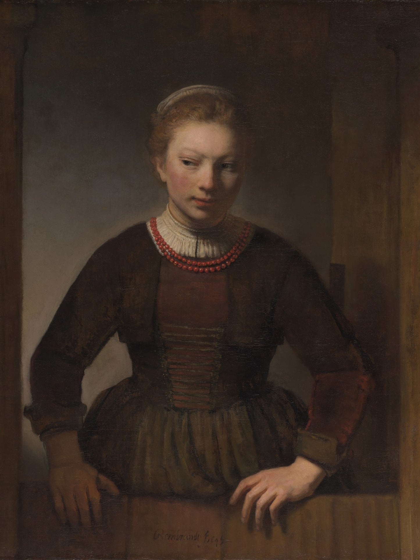 Mujer joven en una puerta entreabierta - Rembrandt van Rijn